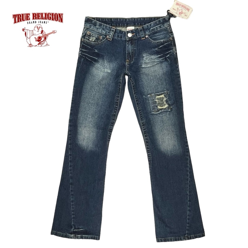 True Religion Rainbow Bootcut Jeans 30x34 Low Rise Camo Patch‎ Distressed NWT